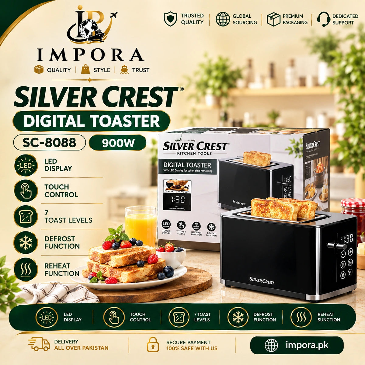 Silver Crest 2-Slice Digital Toaster 900W | 7 Browning Levels & Touch Control
