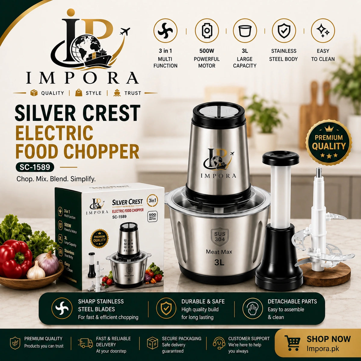Silver Crest 3L Electric Chopper | Heavy-Duty  500W Motor | 4-Blade !