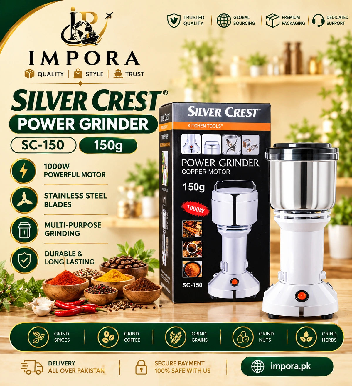 Silver Crest Power Grinder 150g | 1000W Motor| Electric Spice & Coffee Grinder!