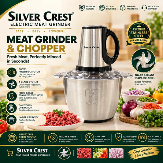 Silver Crest Electric Meat Grinder & Chopper |800W Motor | 3L | 4 Blades!